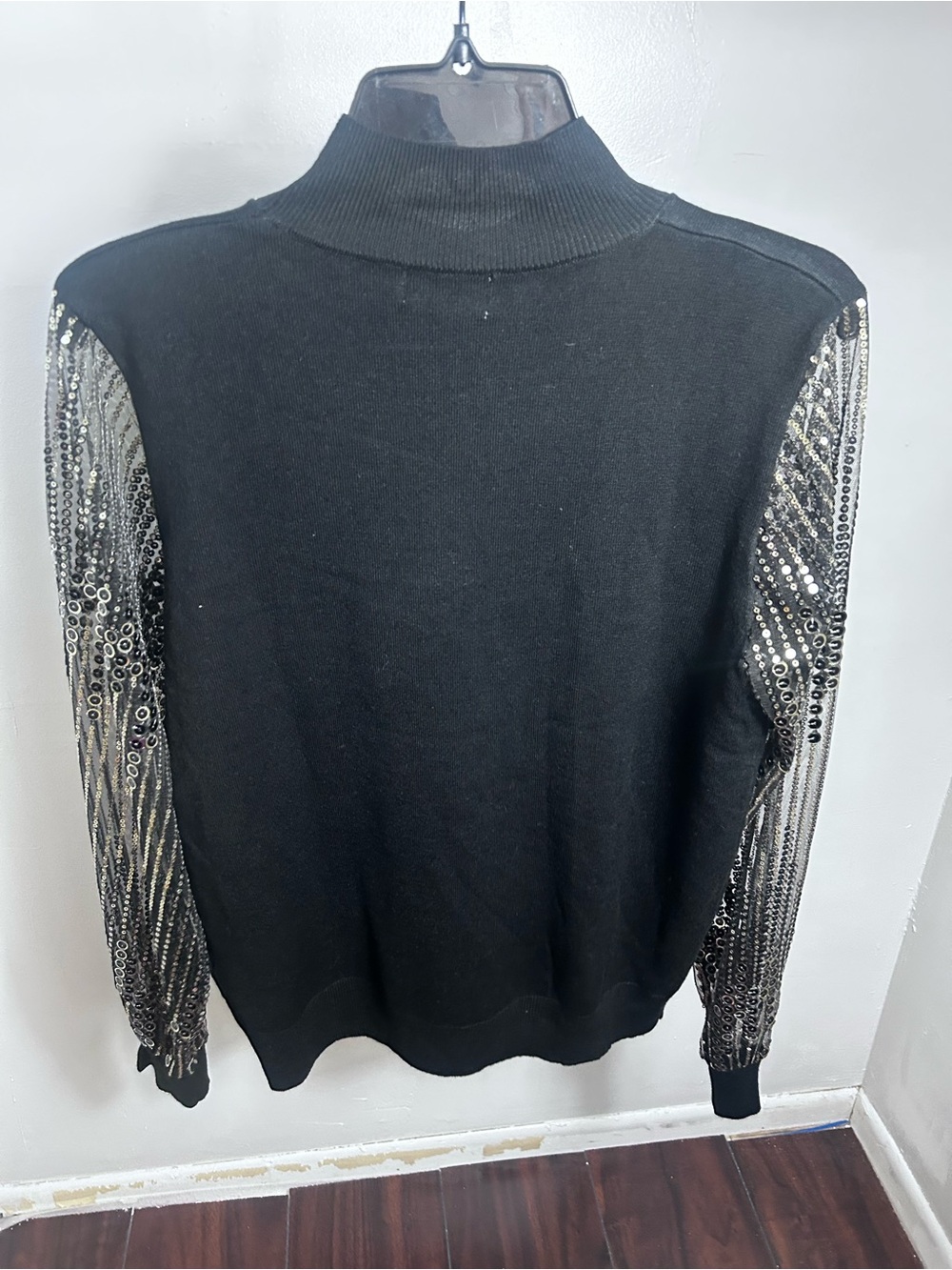 Carmen Marc Valvo Black Sequin Sheer Sleeve Mock Neck Sweater M